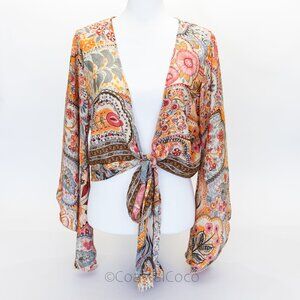 Ale-Hop Wrap Tie Crop Top One Size Flare Brocade Artsy Flowy Silky Floral Hippie